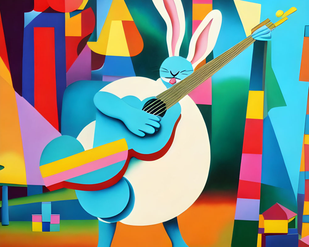 Blue Rabbit Playing Guitar on Colorful Geometric Background