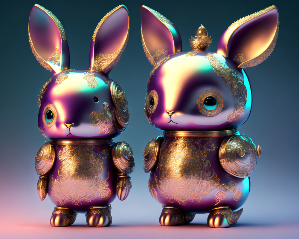 Ornate metallic bunny figurines with golden patterns and jeweled details on gradient backdrop