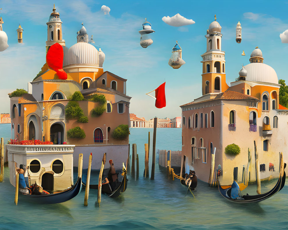 Floating Venice cityscape with surreal elements and whimsical ambiance