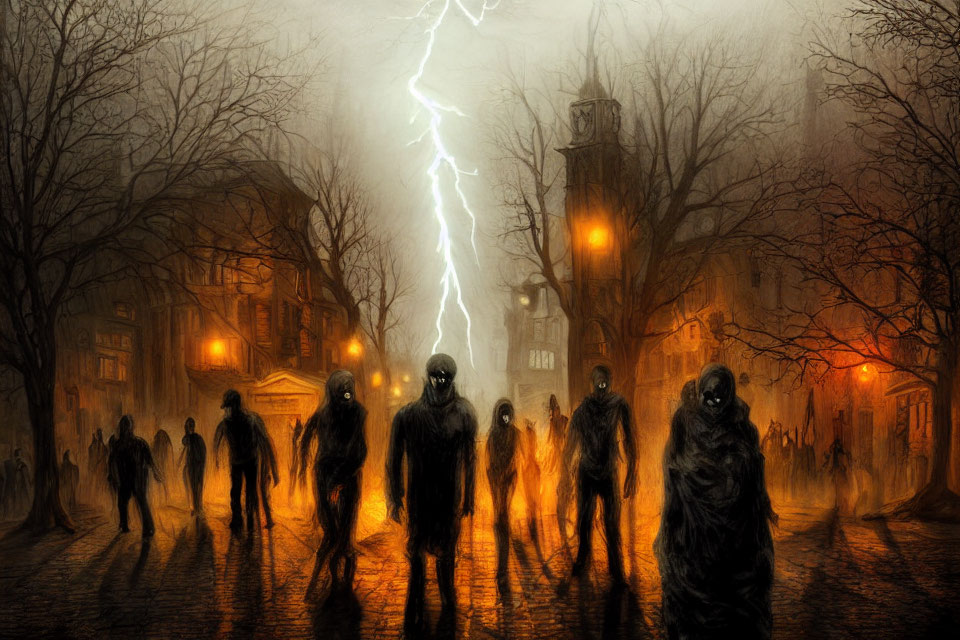Dark Street Scene with Cloaked Figures and Stormy Sky