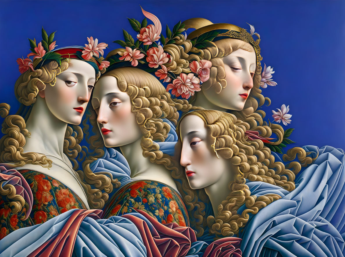Stylized female figures with golden hair and floral crowns on blue background