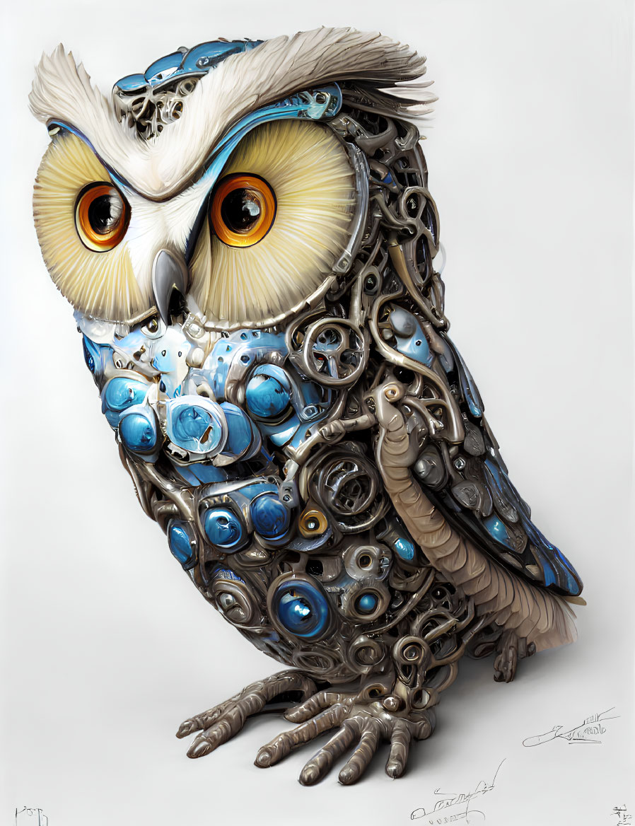 Steampunk-style mechanical owl with metal feathers and clockwork in blue and bronze