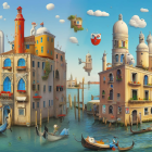 Floating Venice cityscape with surreal elements and whimsical ambiance