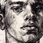 Detailed pencil portrait of a man with intense gaze and strong jawline