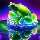 Colorful Frogs on Water Lilies Against Purple Background