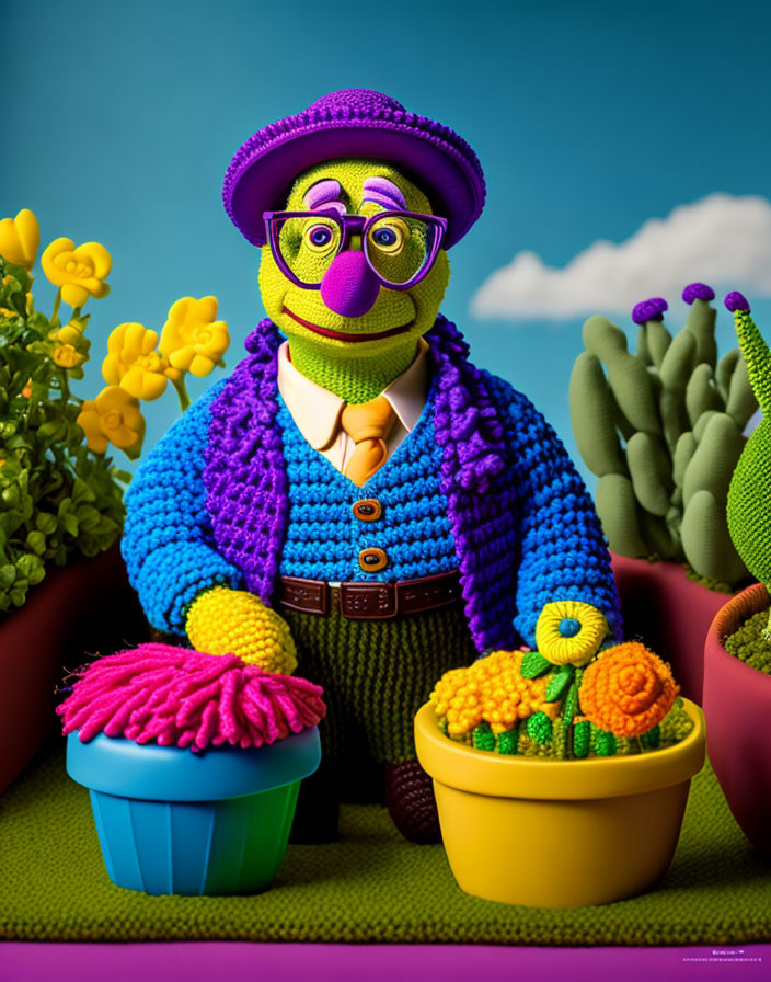 Purple-skinned figure in knit sweater and tie with pom-pom, surrounded by flowers and cact
