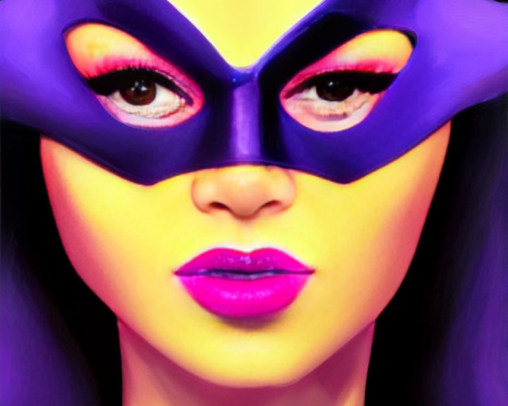 Vibrant digital art: Woman with purple mask and yellow heart, pink to purple background
