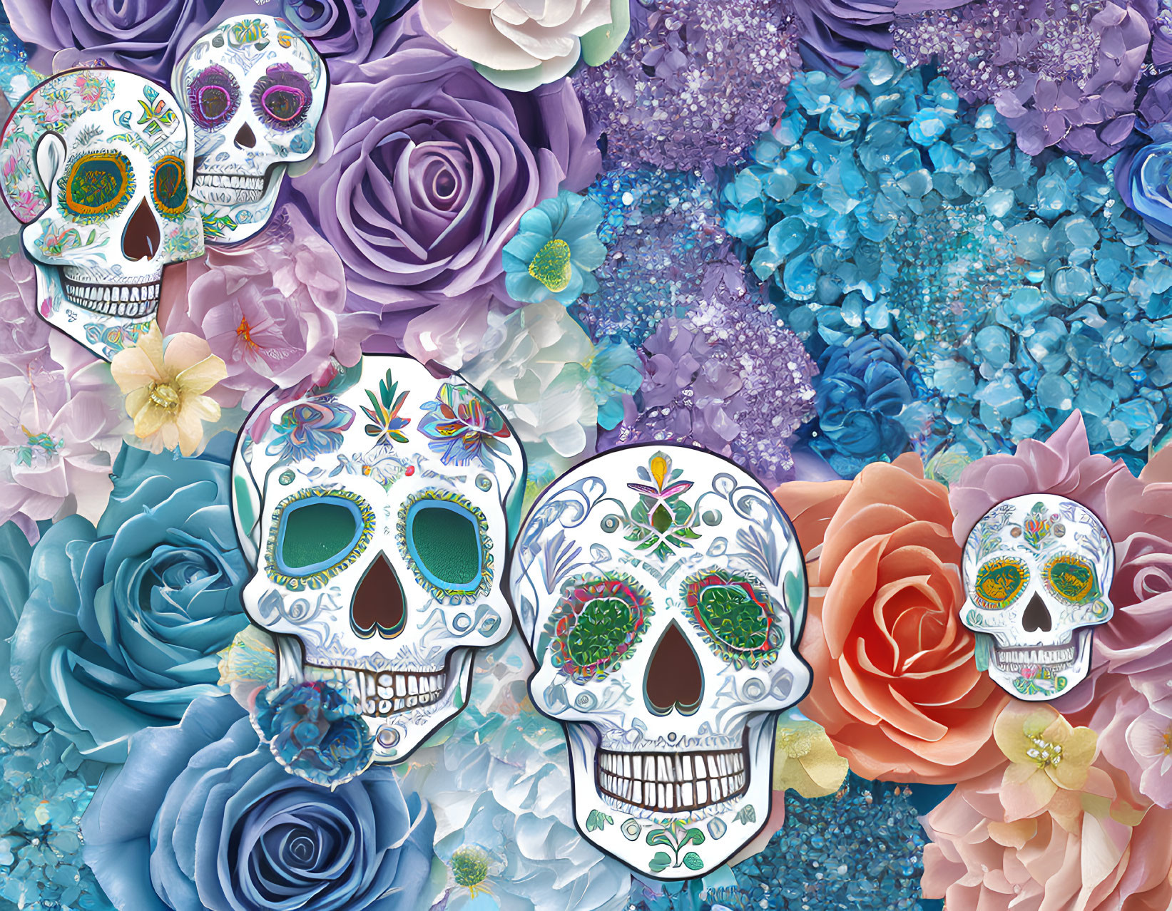 Vibrant sugar skull and floral pattern in purple, blue, and pink