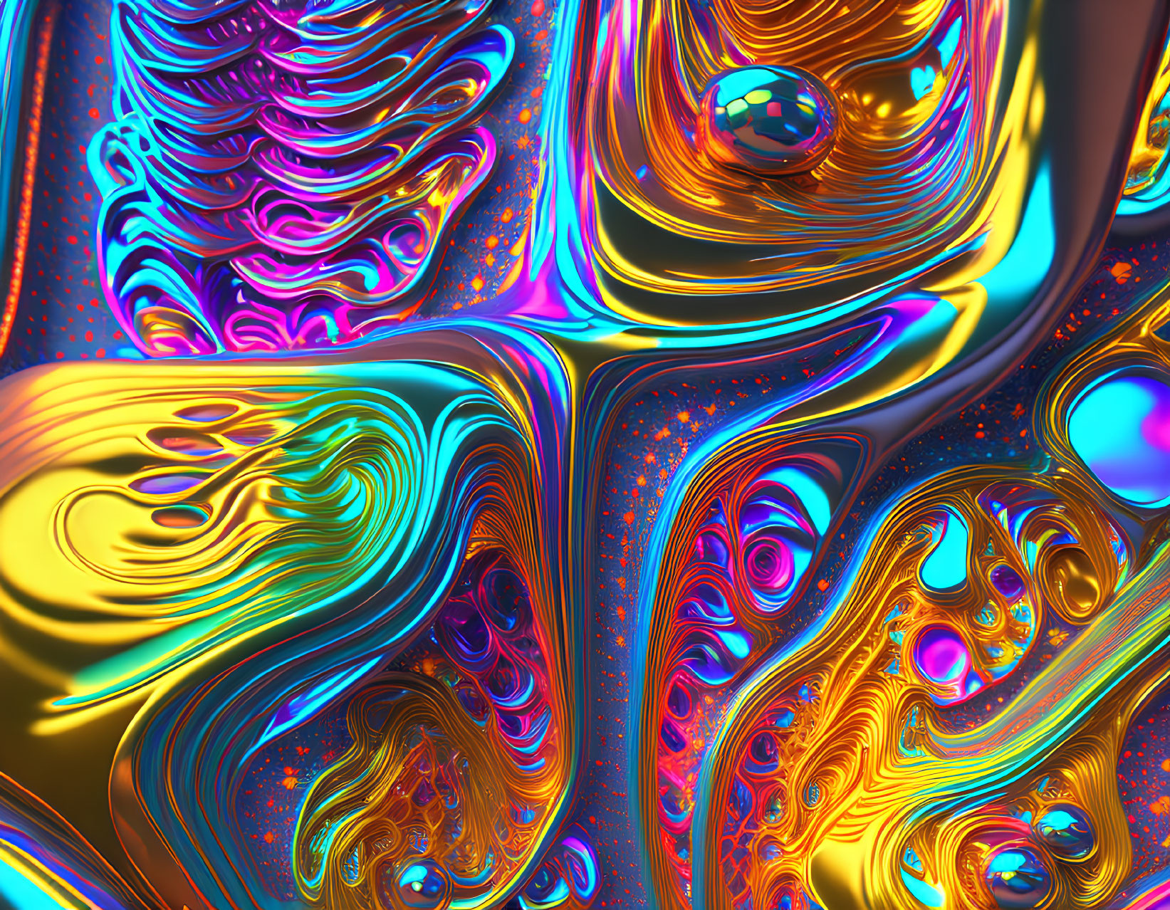 Abstract digital art with vibrant swirling patterns and metallic sheen