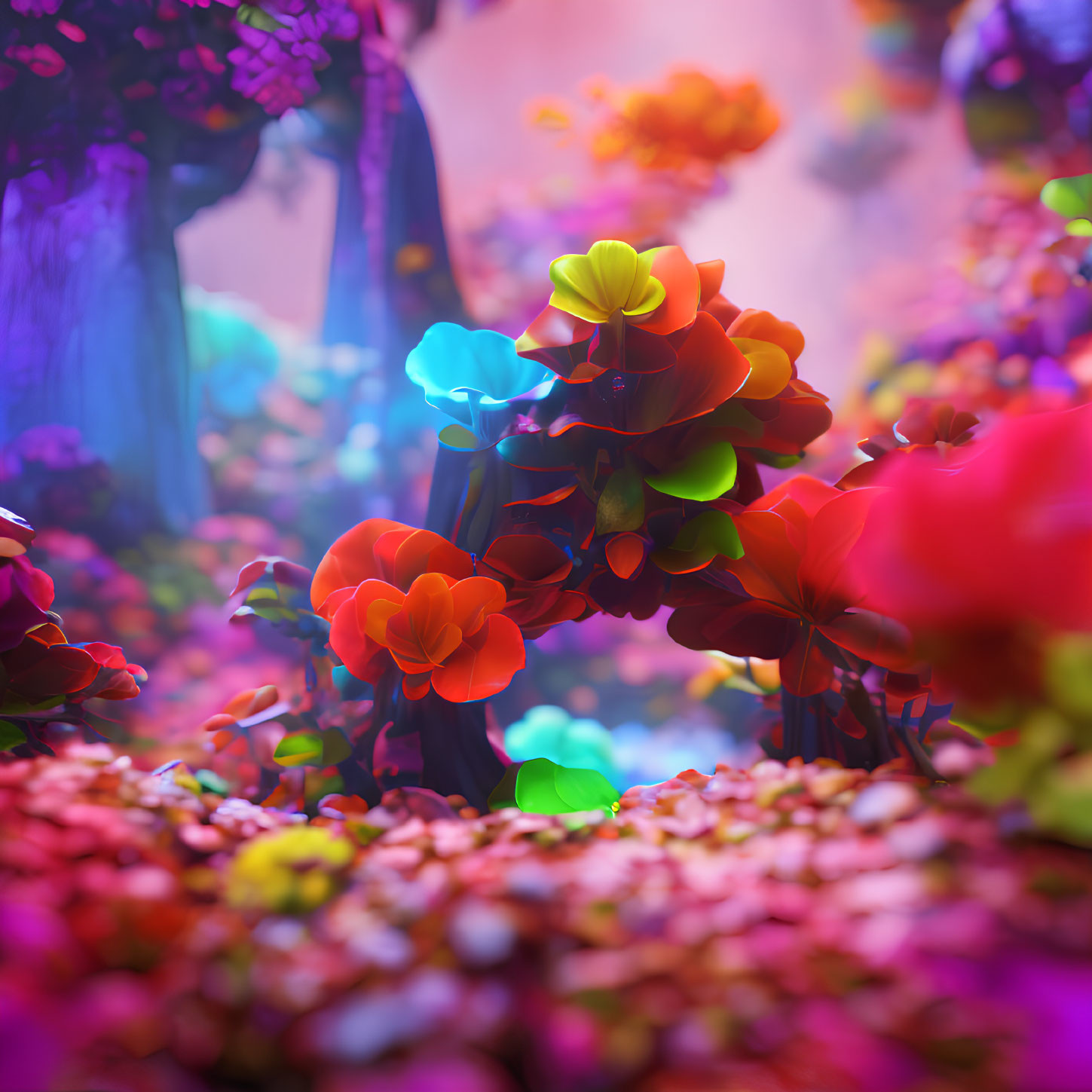 Fantasy forest with luminescent foliage and colorful petals