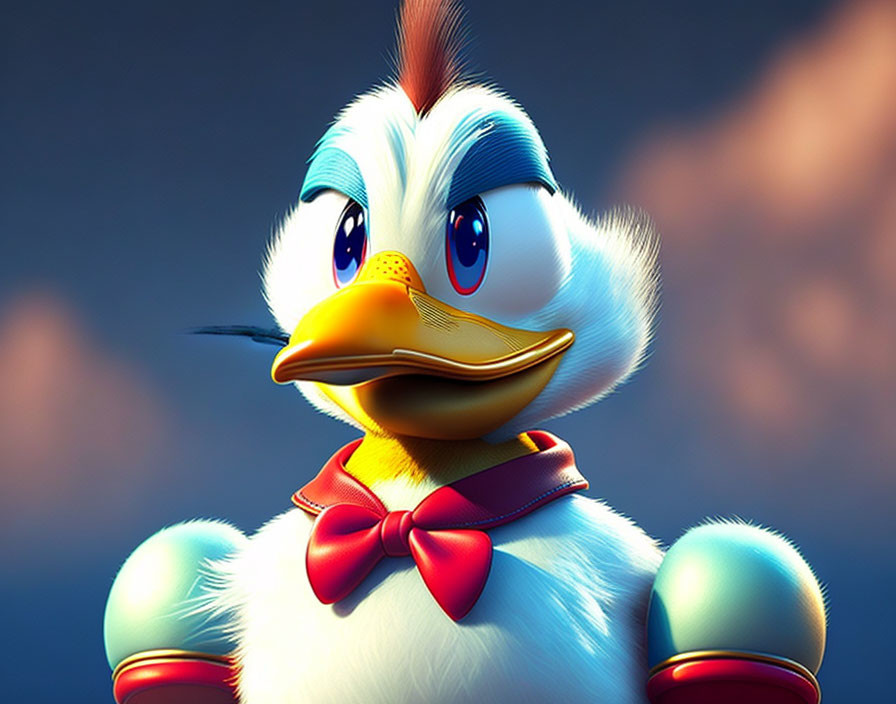 Cartoon Duck 3D Rendering with Red Bow Tie on Clouded Background