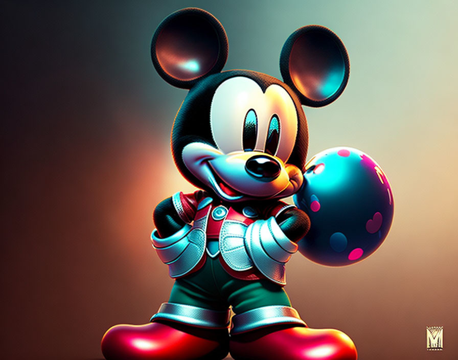 Stylized Mickey Mouse illustration in modern outfit with patterned sphere