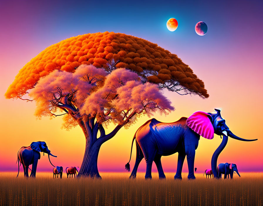 Colorful sunset scene with elephants under tree and planets in sky