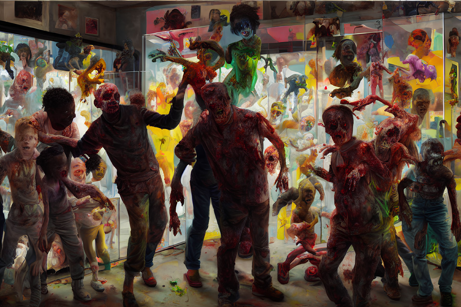 Colorful individuals covered in paint in chaotic scene