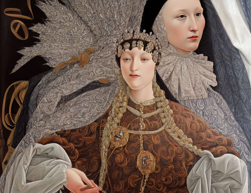 Detailed painting of two women from a bygone era with ornate crown, jeweled necklace, r