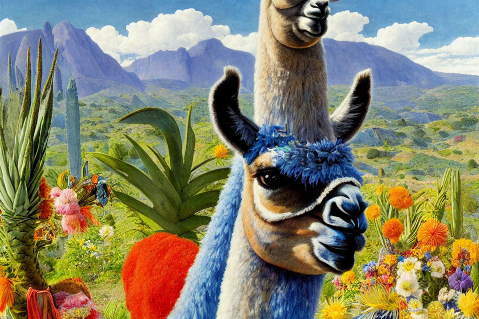 Close-up of llama with surreal landscape: flowers, mountains, blue sky