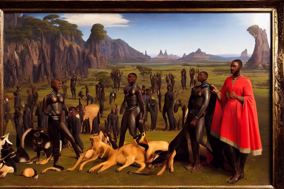 Colorful painting of people in futuristic and traditional attire with dogs in African savanna setting.
