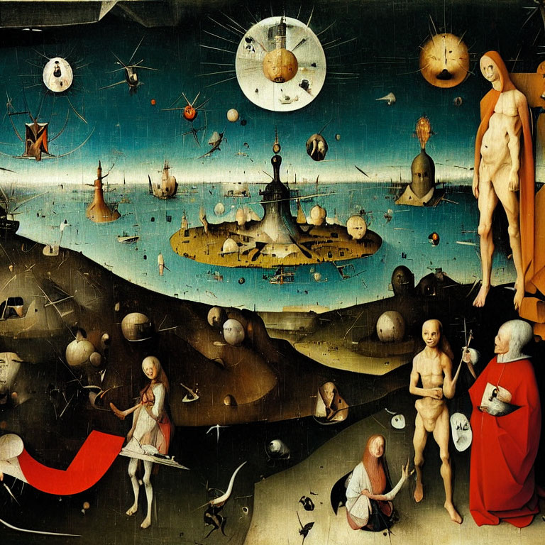 Surreal painting of celestial spheres, ships, and paradoxical figures
