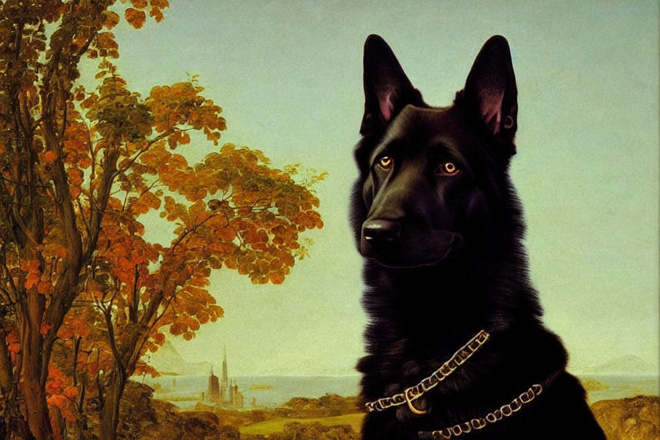 Black German Shepherd with shiny coat in front of autumn landscape