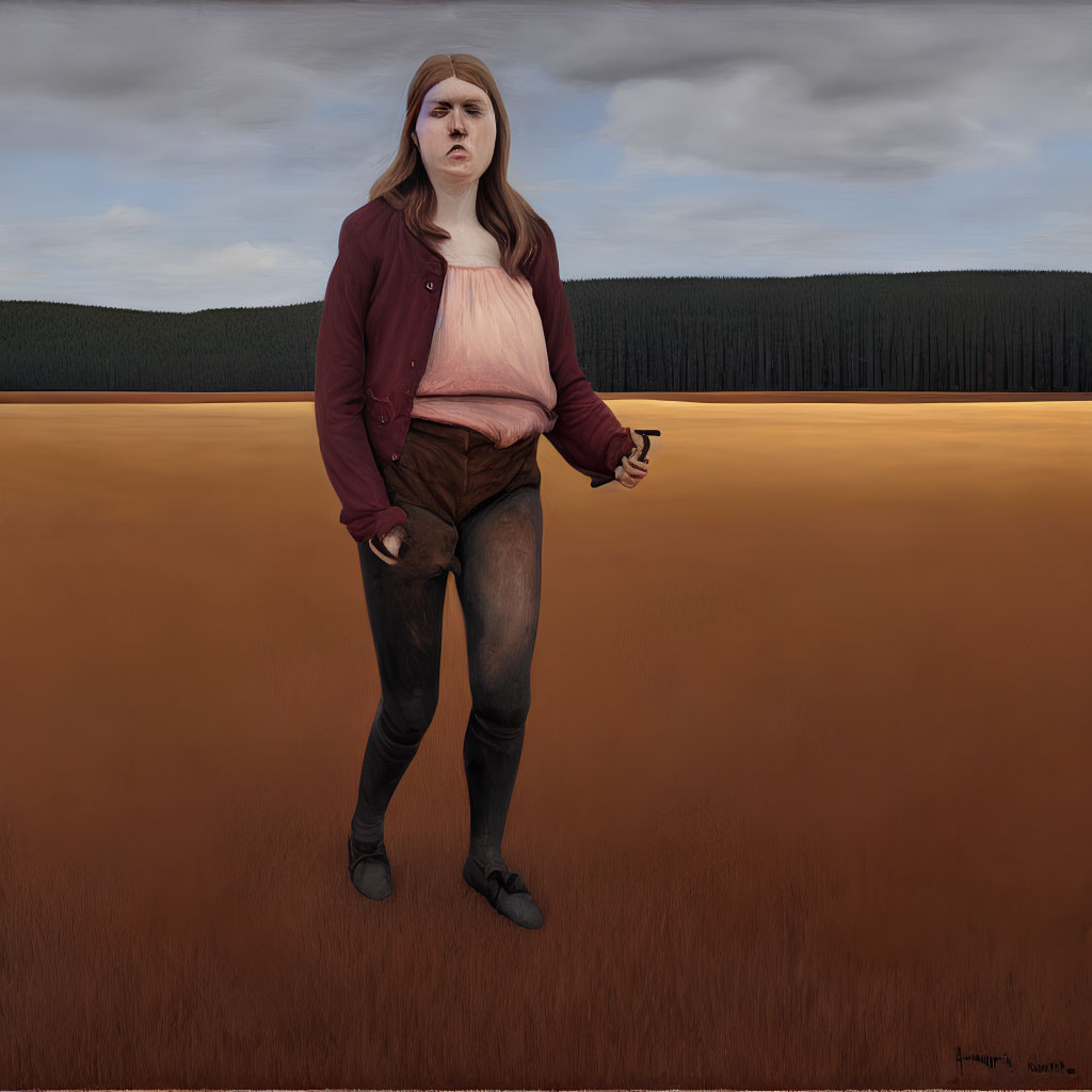 Pensive woman in maroon jacket in barren field