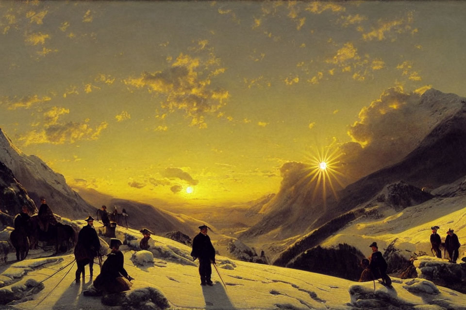 Snowy Mountain Pass Sunset with Travelers on Horseback