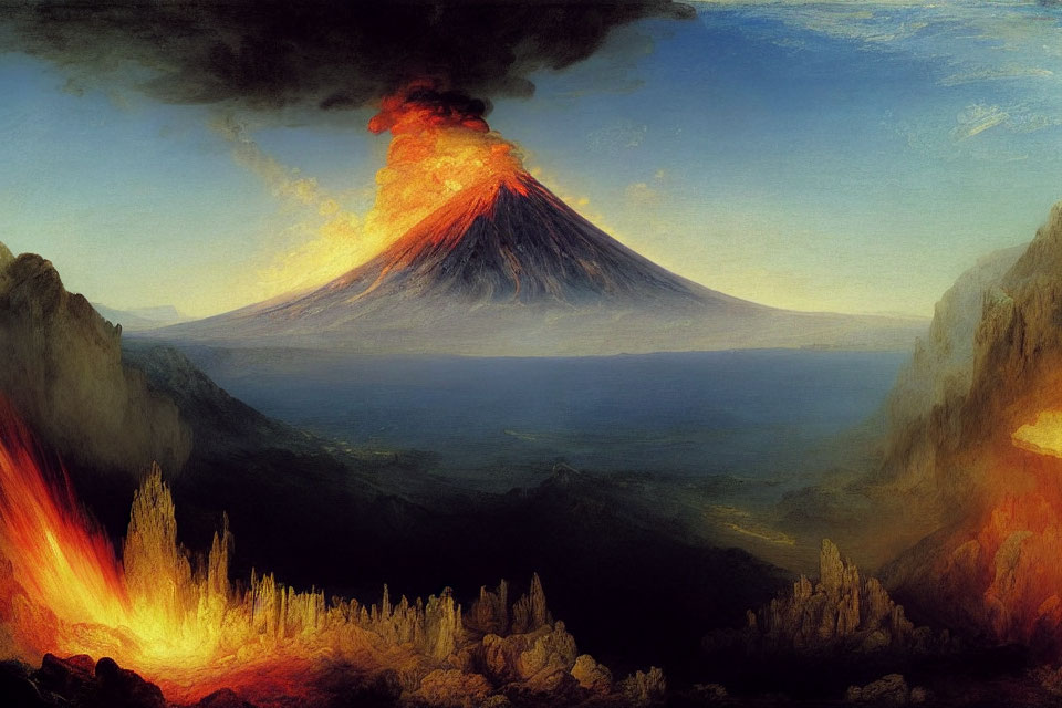 Vibrant volcanic eruption painting with lava flows and smoke in mountainous landscape