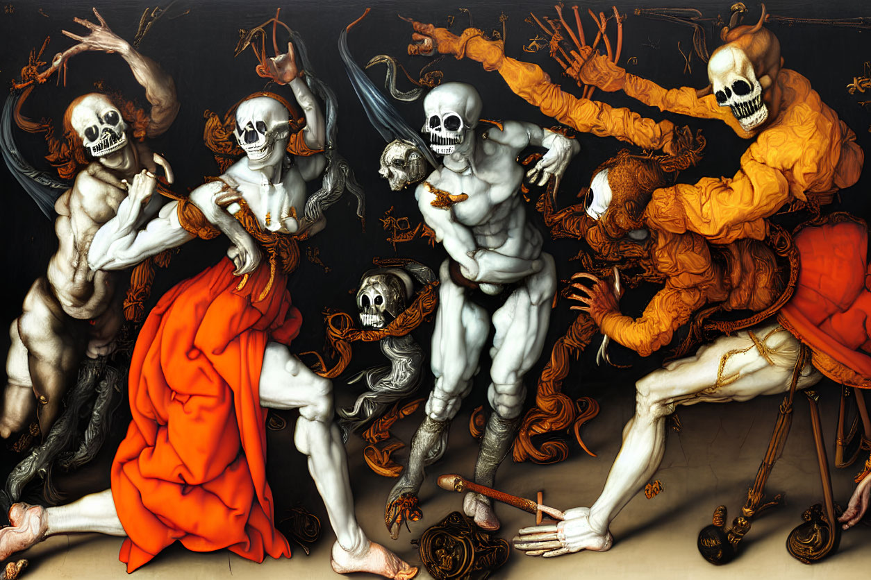 Dynamic Skeletons and Cloaked Figure in Dramatic Pose with Orange Fabric