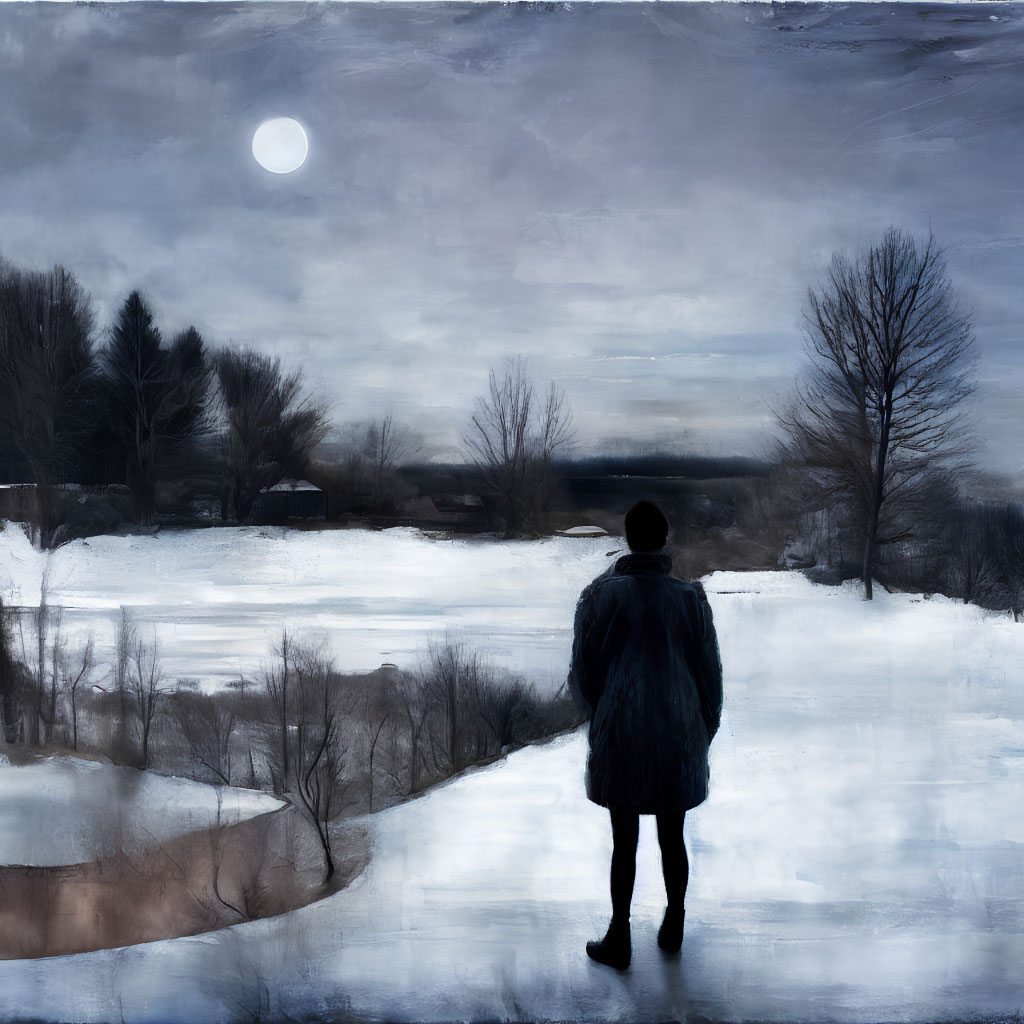 Solitary figure in wintry landscape with bare trees and moon