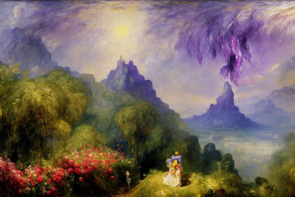 Colorful painting of couple in flower field by misty lake at sunset
