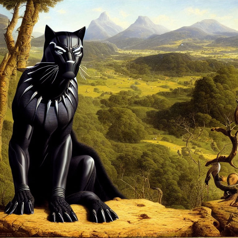 Black Panther Superhero Statue on Cliff with Mountain Landscape