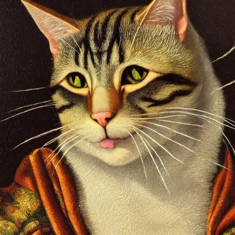 Regal cat painting with green eyes and pink tongue