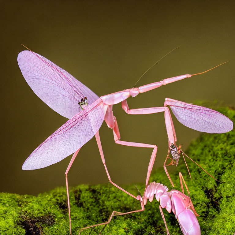 Pink mantis with translucent wings on green moss with tiny ant underneath wing