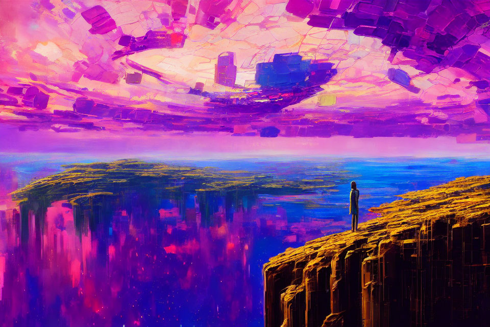 Surreal colorful landscape with floating islands and mosaic-like sky