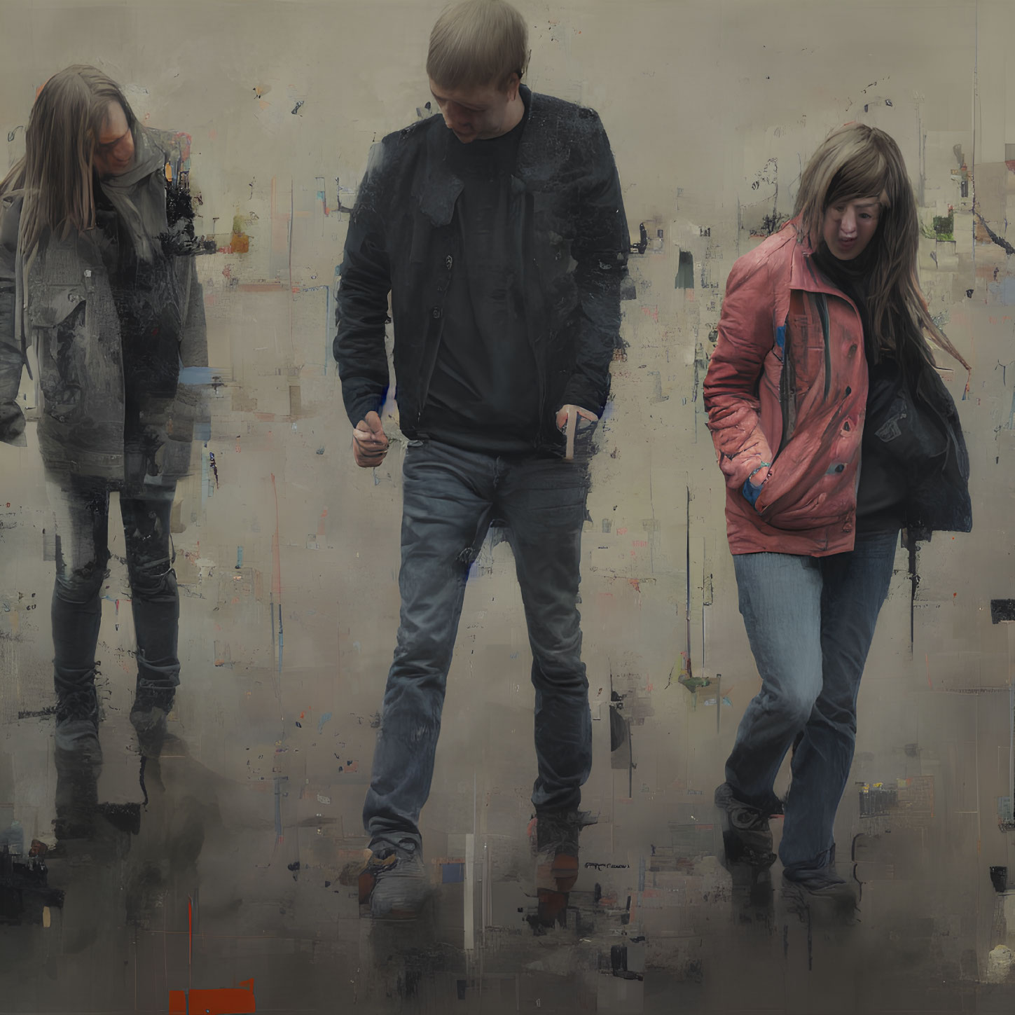 Three people walking reflected on wet, paint-speckled surface