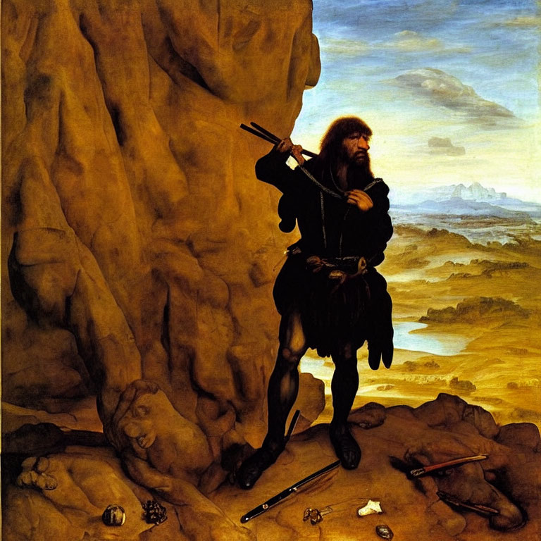 Bearded man in historical clothing with sword on rocky terrain