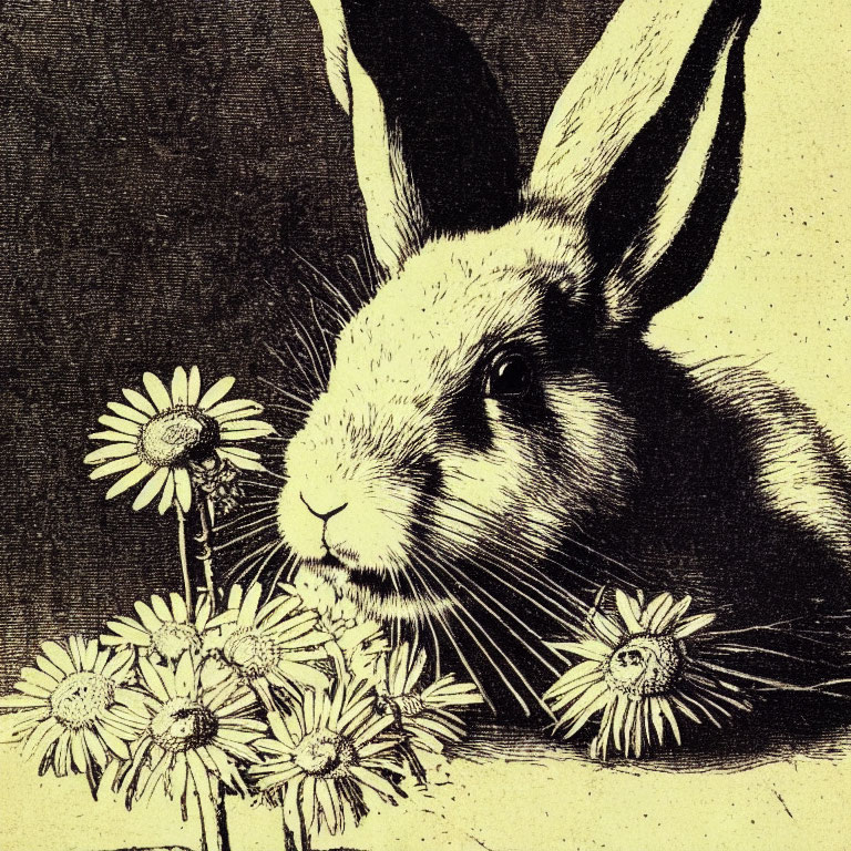 Vintage-style illustration: Rabbit with long ears sniffing daisies