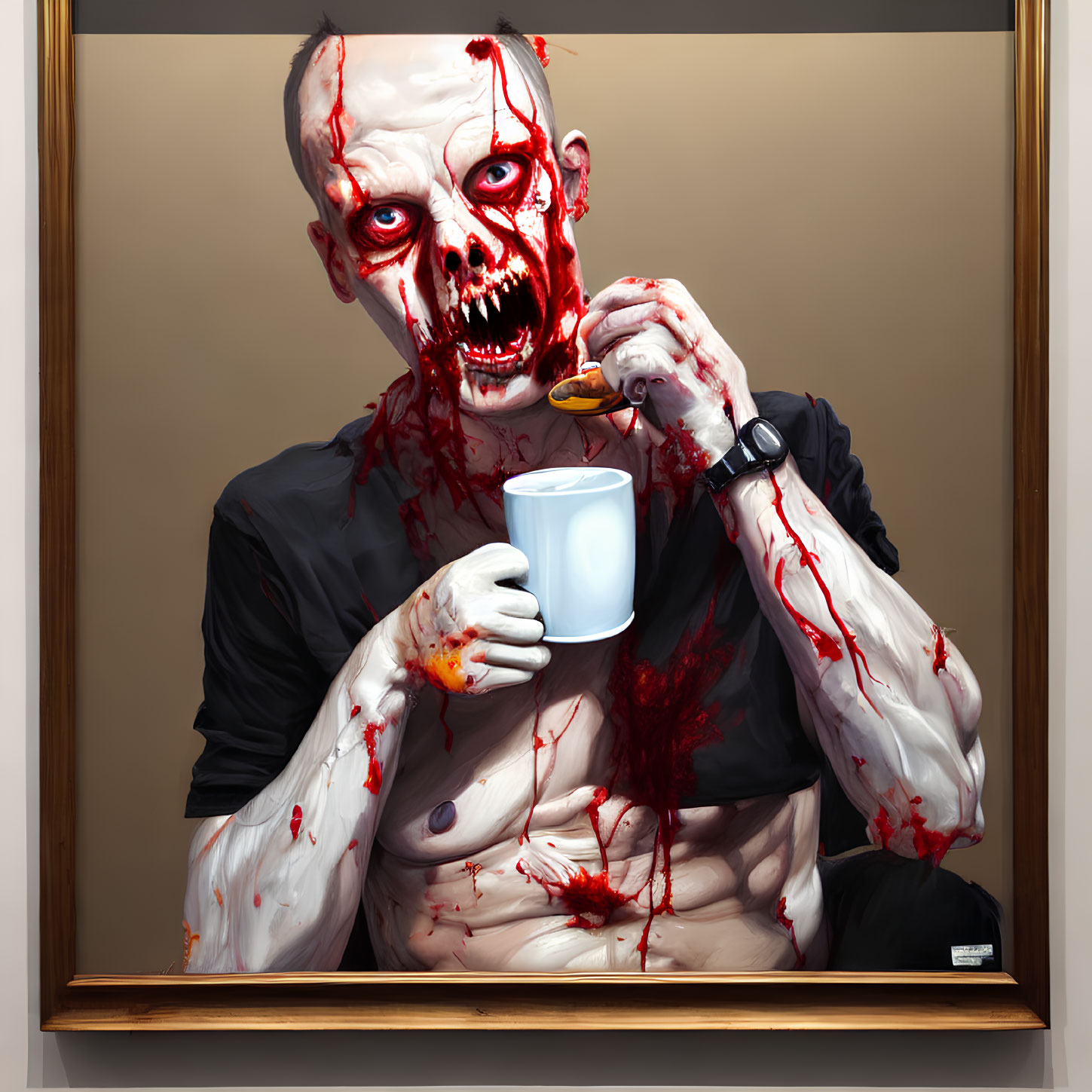Black-shirted zombie-like creature with spoon and mug, surrounded by bloodstains