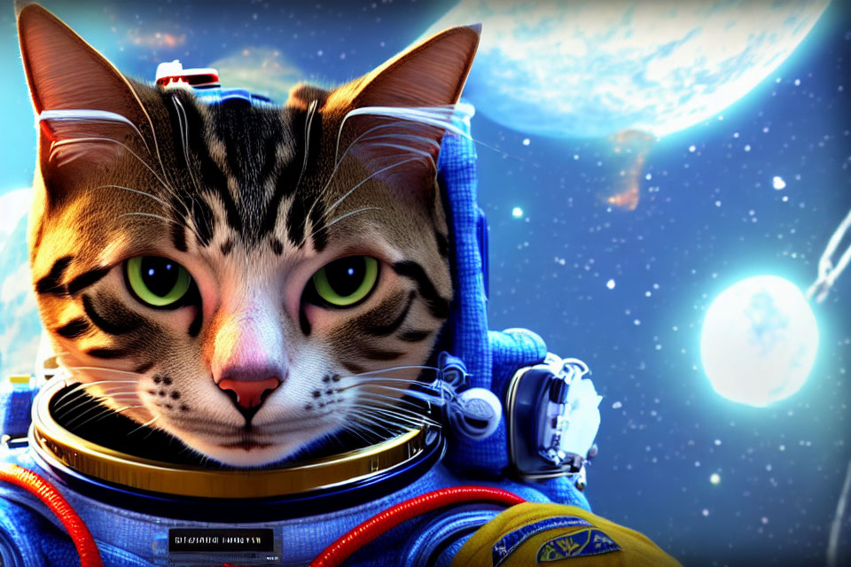 Serious Cat in Astronaut Suit with Space Background