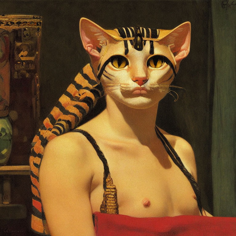 Surreal painting: person with cat head in classical portrait style