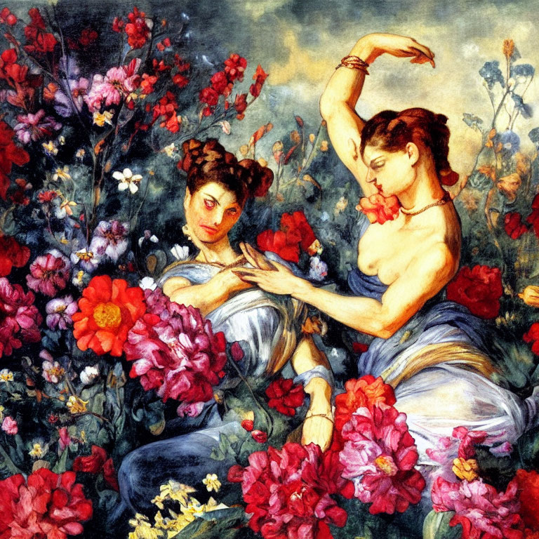 Two Women Surrounded by Vibrant Flowers in Thoughtful Pose