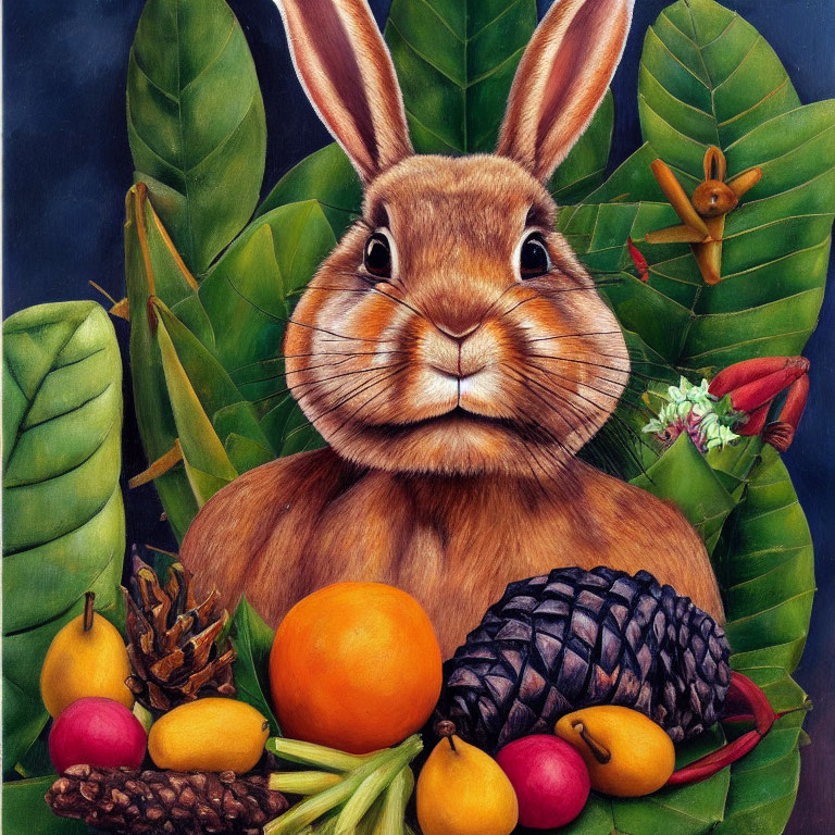 Detailed Illustration: Brown Rabbit in Lush Greenery with Fruits & Pinecones
