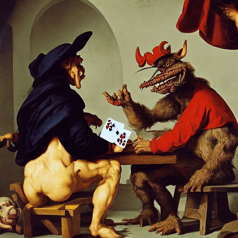Muscular figure in wizard's hat playing cards with werewolf creature in red cloak