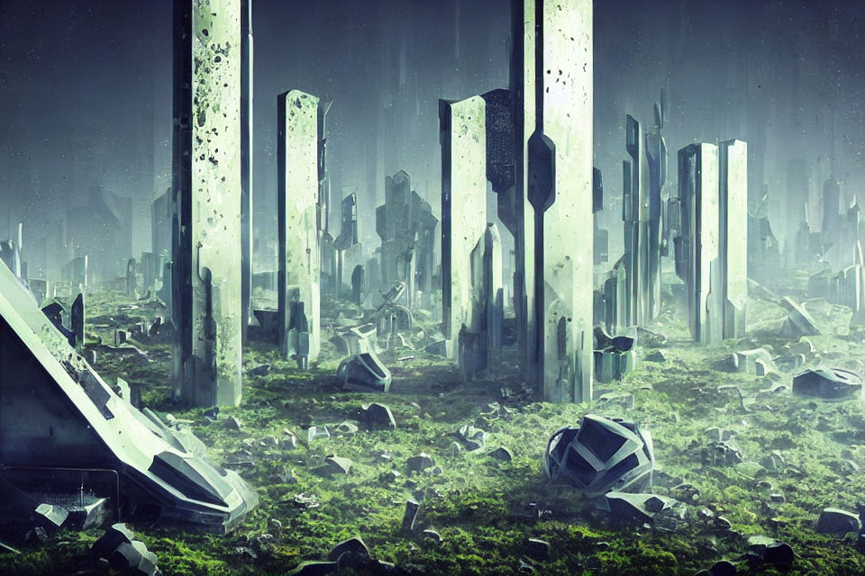 Abandoned futuristic cityscape with overgrown vegetation