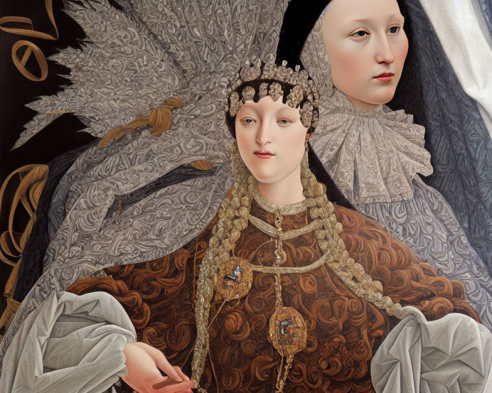 Detailed painting of two women from a bygone era with ornate crown, jeweled necklace, r