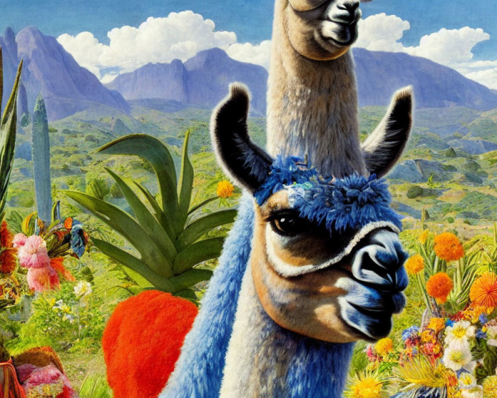 Close-up of llama with surreal landscape: flowers, mountains, blue sky