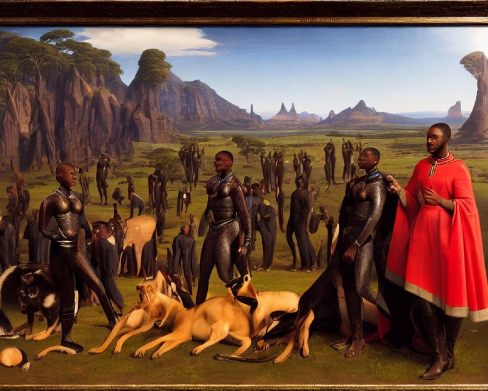 Colorful painting of people in futuristic and traditional attire with dogs in African savanna setting.