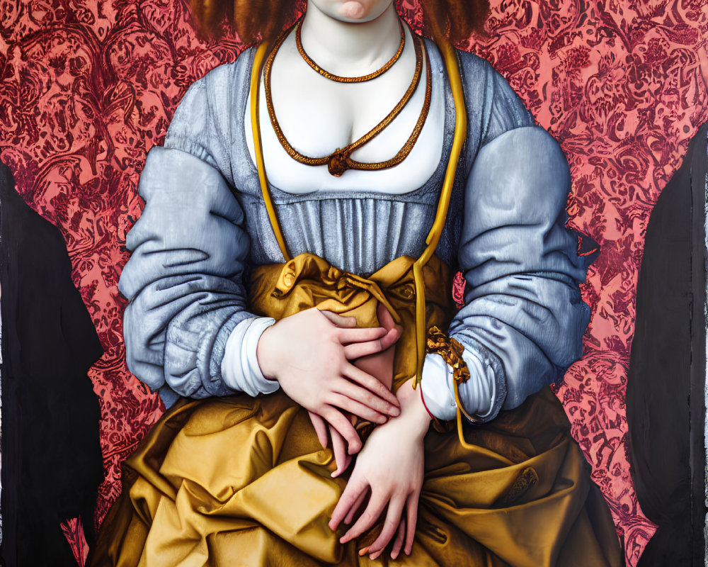 Renaissance-style painting of woman in white blouse, blue sleeves, gold skirt on red background