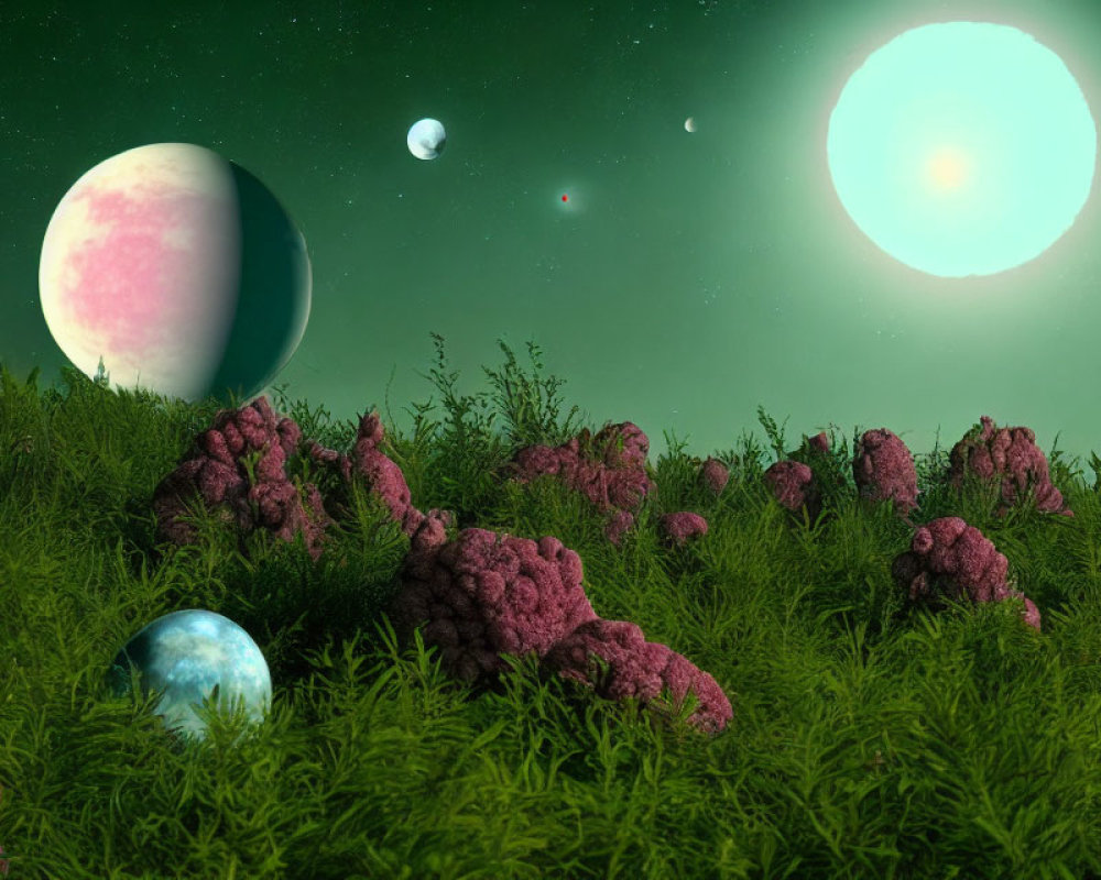 Fantasy landscape with green grass, pink coral formations, moons, planets, and bright sun