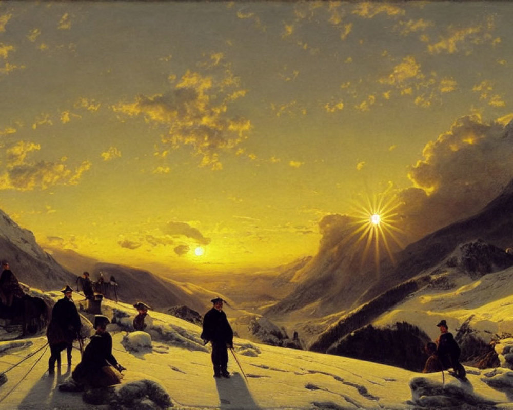 Snowy Mountain Pass Sunset with Travelers on Horseback