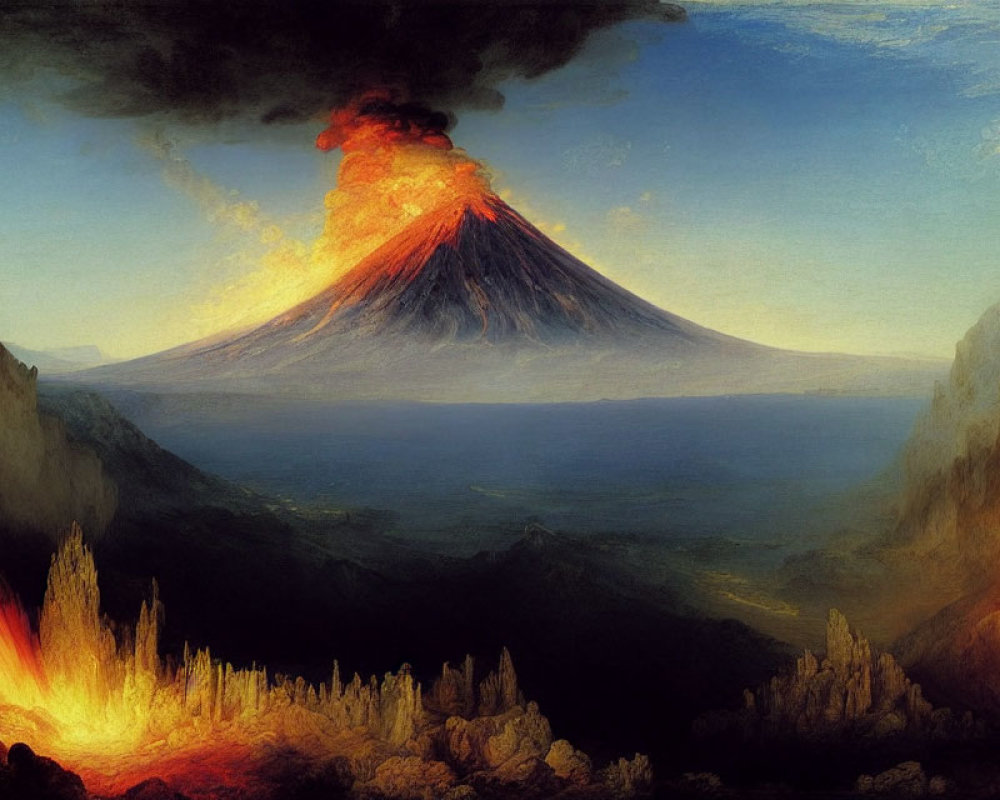 Vibrant volcanic eruption painting with lava flows and smoke in mountainous landscape